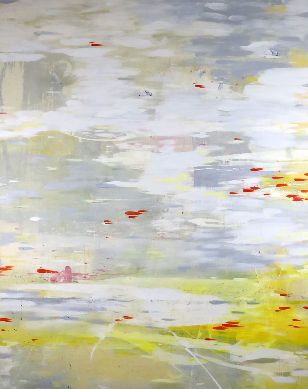 Suling Wang (1968, Taiwanese) Mute swans flying over a lake 95.5 x 79in.
